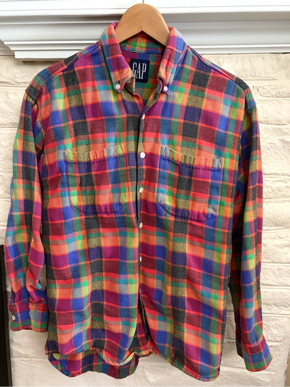 90’s GAP Rainbow Plaid Cotton Flannel Button Down Shirt Unisex Medium - Vintage